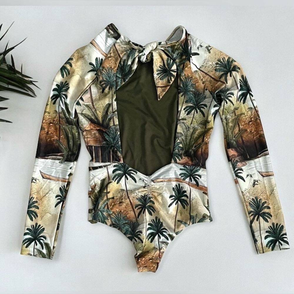 Johanna Ortiz El Palmar Palm Printed Rash Guard One Piece Swimsuit S surf beach